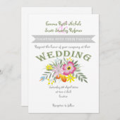 民俗ピンクの花モダンフローラ結婚の 招待状 (正面/裏面)