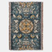 民俗的なティール(緑がかった色)&琥珀の複雑な天井デザイン スローブランケット (正面縦)