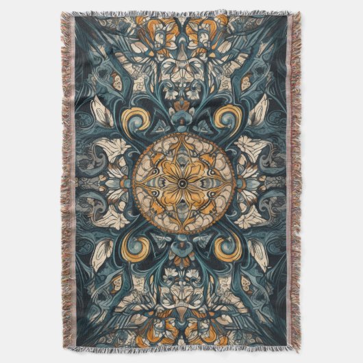 民俗的なティール(緑がかった色)&琥珀の複雑な天井デザイン スローブランケット (正面縦)
