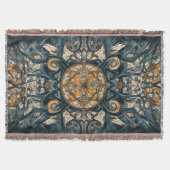 民俗的なティール(緑がかった色)&琥珀の複雑な天井デザイン スローブランケット (正面)