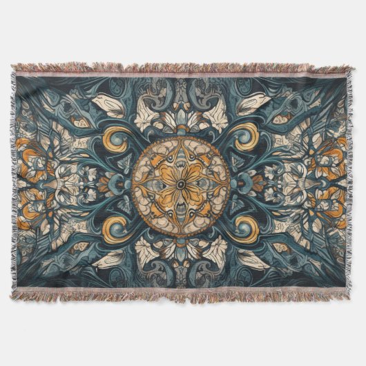 民俗的なティール(緑がかった色)&琥珀の複雑な天井デザイン スローブランケット (正面)