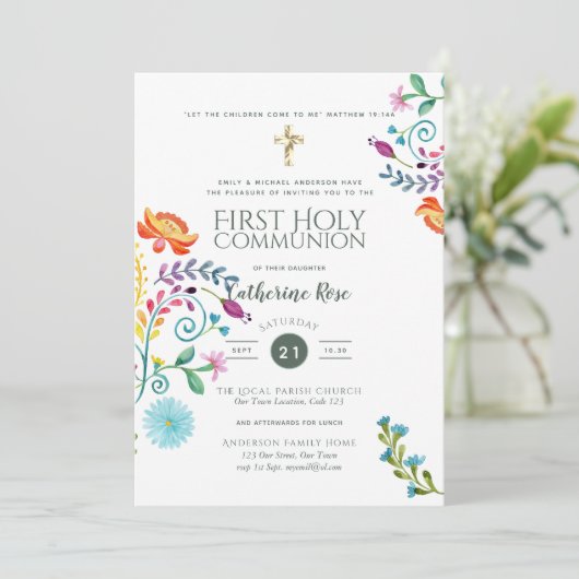 民俗的なワイルドフラワーホーリーコミュニオン招待状水彩 招待状 (スタンド正面)