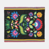 民俗花、黒に5色の混色 フリースブランケット (正面(横))