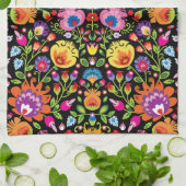 民俗花Wycinanki黒 キッチンタオル (折り畳み)