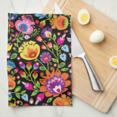 民俗花Wycinanki黒 キッチンタオル (四つ折り)