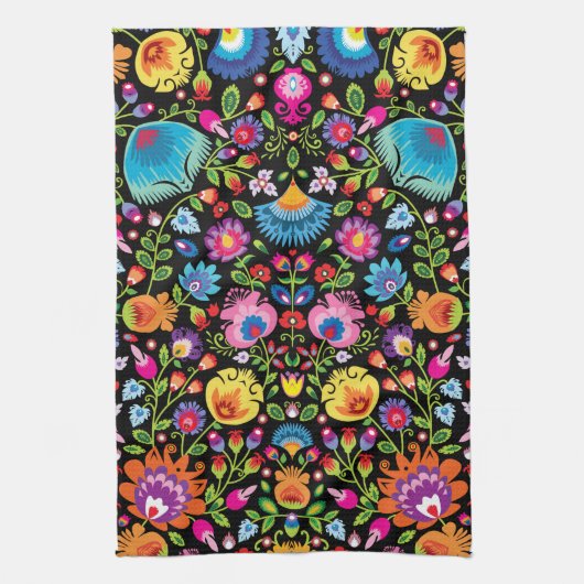 民俗花Wycinanki黒 キッチンタオル (縦)