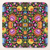 民俗花Wycinanki黒 スクエアペーパーコースター (正面)