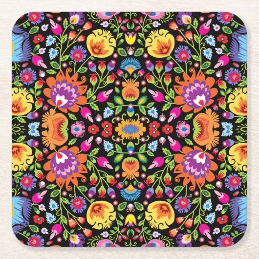 民俗花Wycinanki黒 スクエアペーパーコースター (正面)