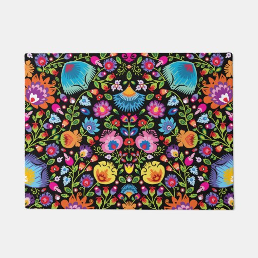 民俗花Wycinanki黒 ドアマット (正面)