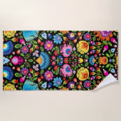 民俗花Wycinanki黒 ビーチタオル (正面)