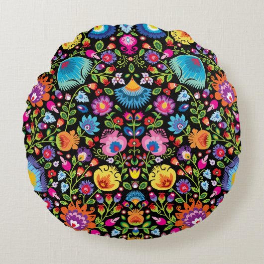 民俗花Wycinanki黒 ラウンドクッション (正面)