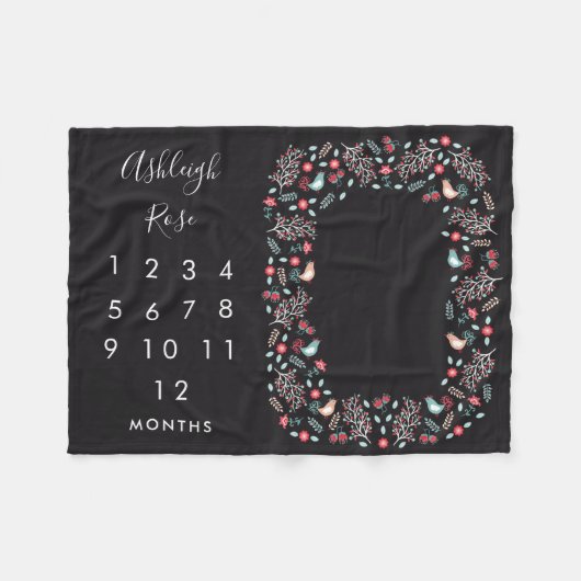 民俗鳥及び花のベビーの月例マイル標石 フリースブランケット (正面(横))