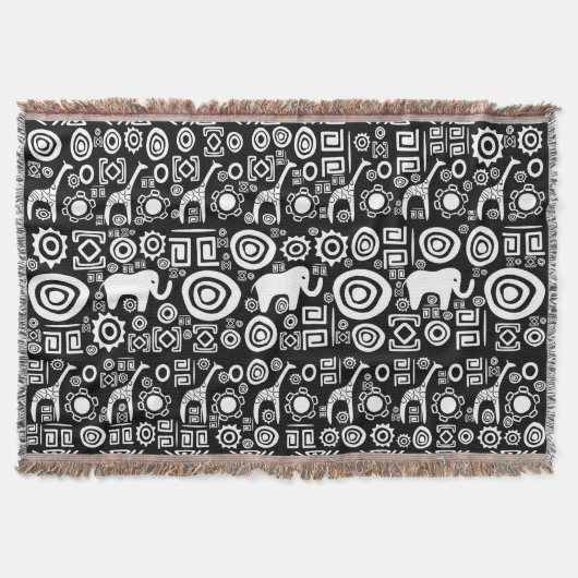 民族のアフリカパターン白黒#4 スローブランケット (正面)