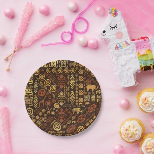 民族のアフリカパターン茶色および金#12 ペーパープレート (パーティー)