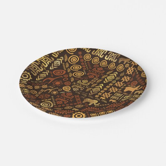 民族のアフリカパターン茶色および金#12 ペーパープレート (アングル)