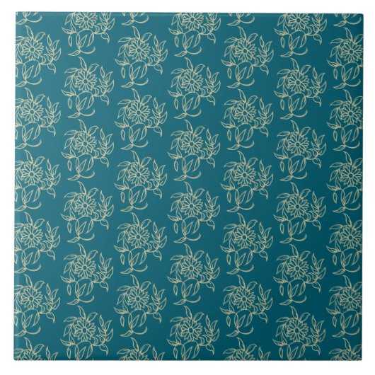民族のスタイルのティール(緑がかった色)の花のミニプリントベージュ色 タイル (正面)