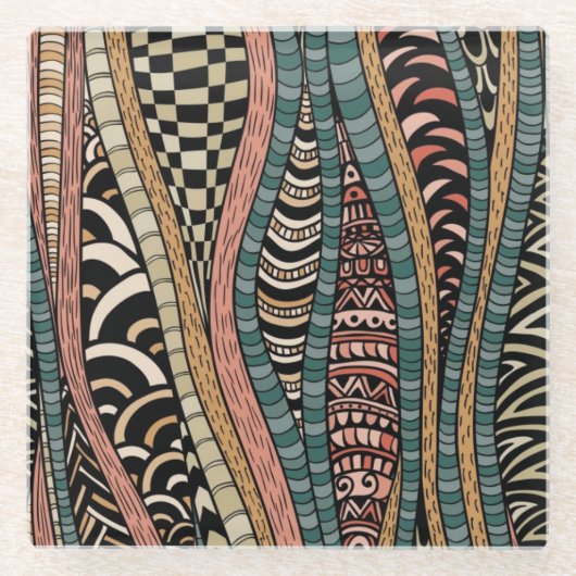 民族のスタイルの抽象的なパターン ガラスコースター (正面)