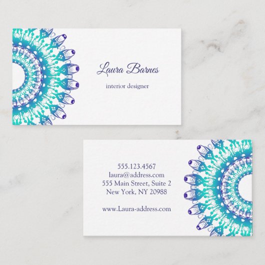 民族のティール（緑がかった色）の曼荼羅。 テキスト 名刺 (正面/裏面)