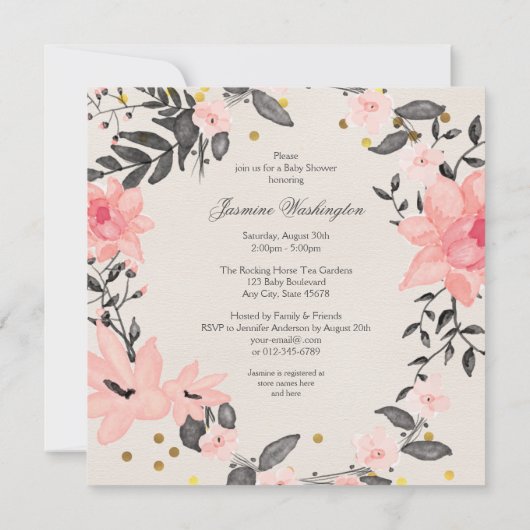 民族のバレリーナのリースの紙吹雪のベビーシャワー 招待状 (裏面)