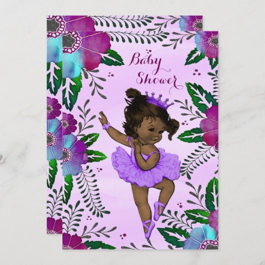 民族のバレリーナの花の水彩画のベビーシャワー 招待状 (正面/裏面)