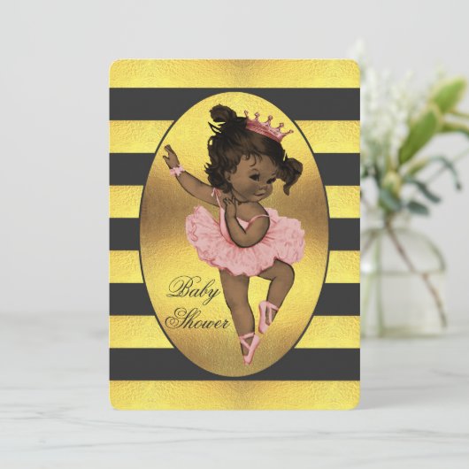 民族のプリンセスのバレリーナの金ゴールドのストライプなベビーシャワー 招待状 (スタンド正面)