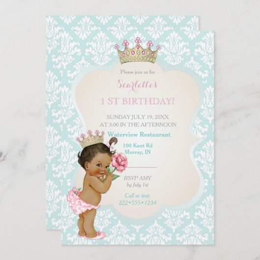 民族のプリンセスの女の赤ちゃんの金ゴールドの王冠の水のピンク 招待状 (正面/裏面)