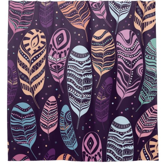 民族の羽：白黒の模様 シャワーカーテン (正面)