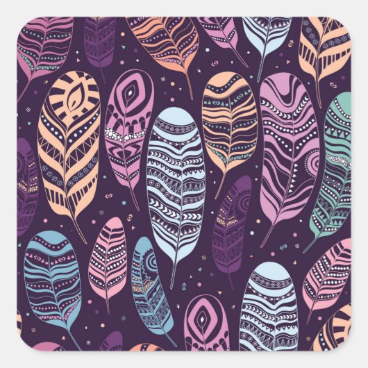 民族の羽:白黒の模様 スクエアシール (正面)