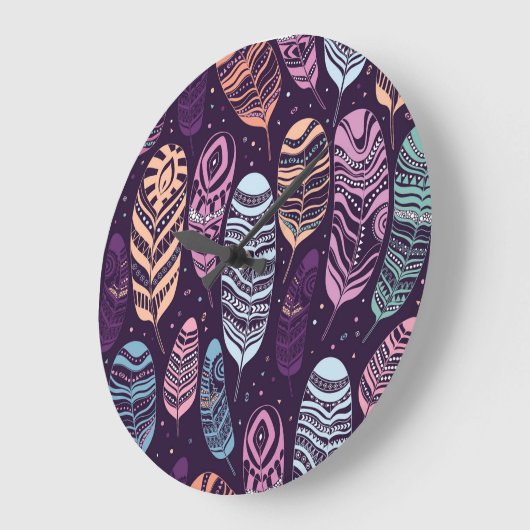 民族の羽:白黒の模様 ラージ壁時計 (傾斜)