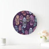 民族の羽:白黒の模様 ラージ壁時計 (ホーム)