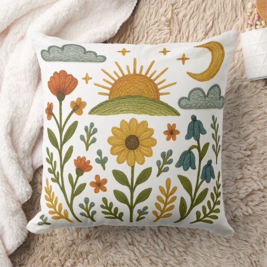 民族の花の刺繍風デザイン クッション (ブランケット)