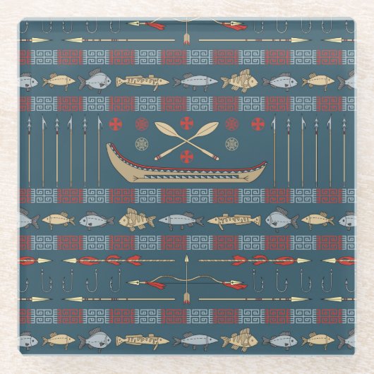 民族の魚釣りパターン ガラスコースター (正面)