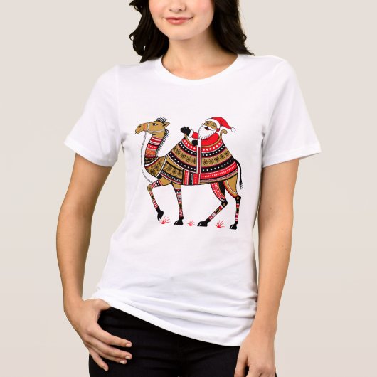 民族サンタとラクダの冬のプリント トライブレンドTシャツ (正面)