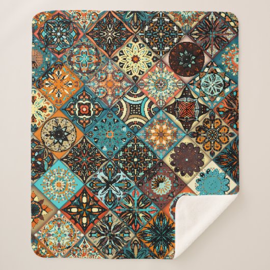 民族フローラ曼荼羅の継ぎ目のない模様。カラフル シェルパブランケット (正面)