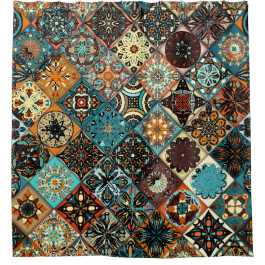 民族フローラ曼荼羅の継ぎ目のない模様。カラフル シャワーカーテン (正面)