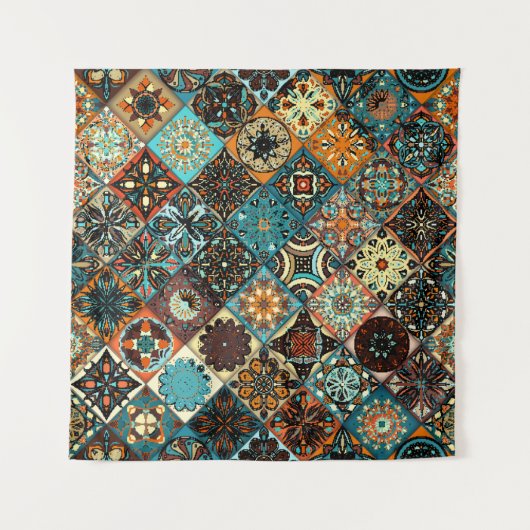 民族フローラ曼荼羅の継ぎ目のない模様。カラフル タペストリー (正面(横))