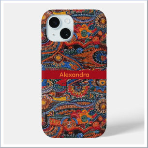 民族ボヘミアンカラフルパターン 赤 青 ゴールド iPhone 15ケース