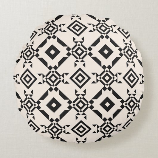 民族モダンオーナメント。白黒ヴィンテージ ラウンドクッション (正面)