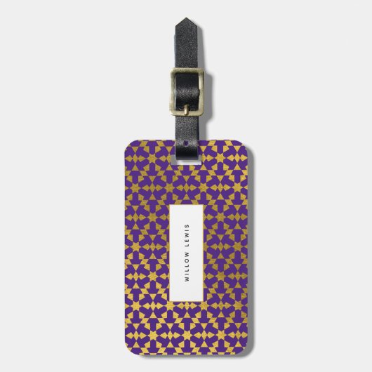 民族的なモロッコパープルと金ゴールドパターン ラゲッジタグ (正面縦)