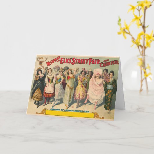 民族衣装を着た女性を描いたサーカスのポスター カード (黄色い花)