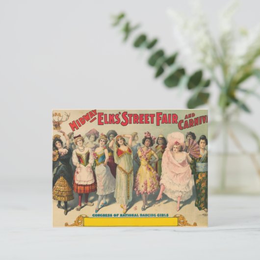 民族衣装を着た女性を描いたサーカスのポスター ポストカード (スタンド正面)