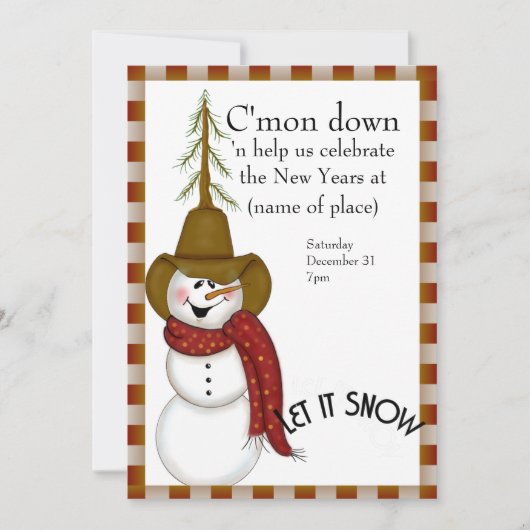 民芸のカウボーイの雪だるまの新年 招待状 (正面)