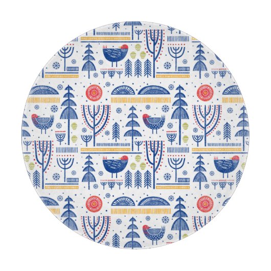 民芸の冬の鳥パターン カッティングボード (正面)