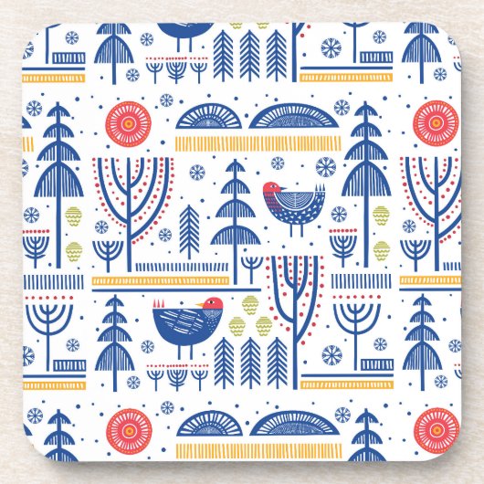 民芸の冬の鳥パターン コースター (正面)