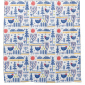 民芸の冬の鳥パターン シャワーカーテン (正面)