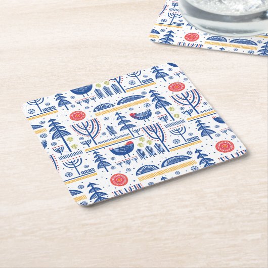 民芸の冬の鳥パターン スクエアペーパーコースター (アングル)