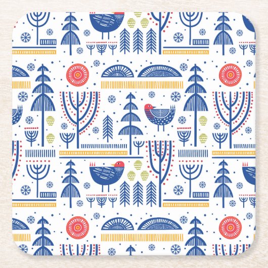 民芸の冬の鳥パターン スクエアペーパーコースター (正面)