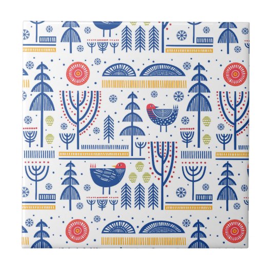 民芸の冬の鳥パターン タイル (正面)