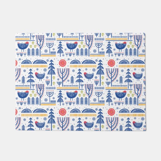 民芸の冬の鳥パターン ドアマット (正面)