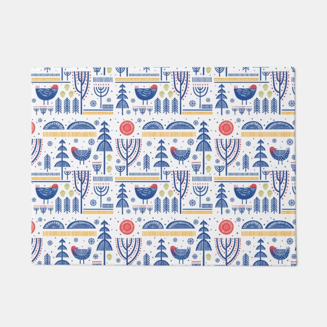 民芸の冬の鳥パターン ドアマット (正面)